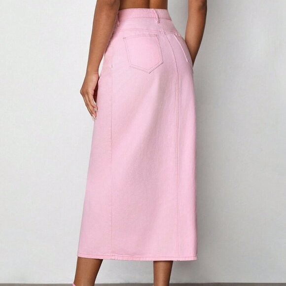 Pink Casual Women's Denim Maxi Skirt - Picture 3 of 7